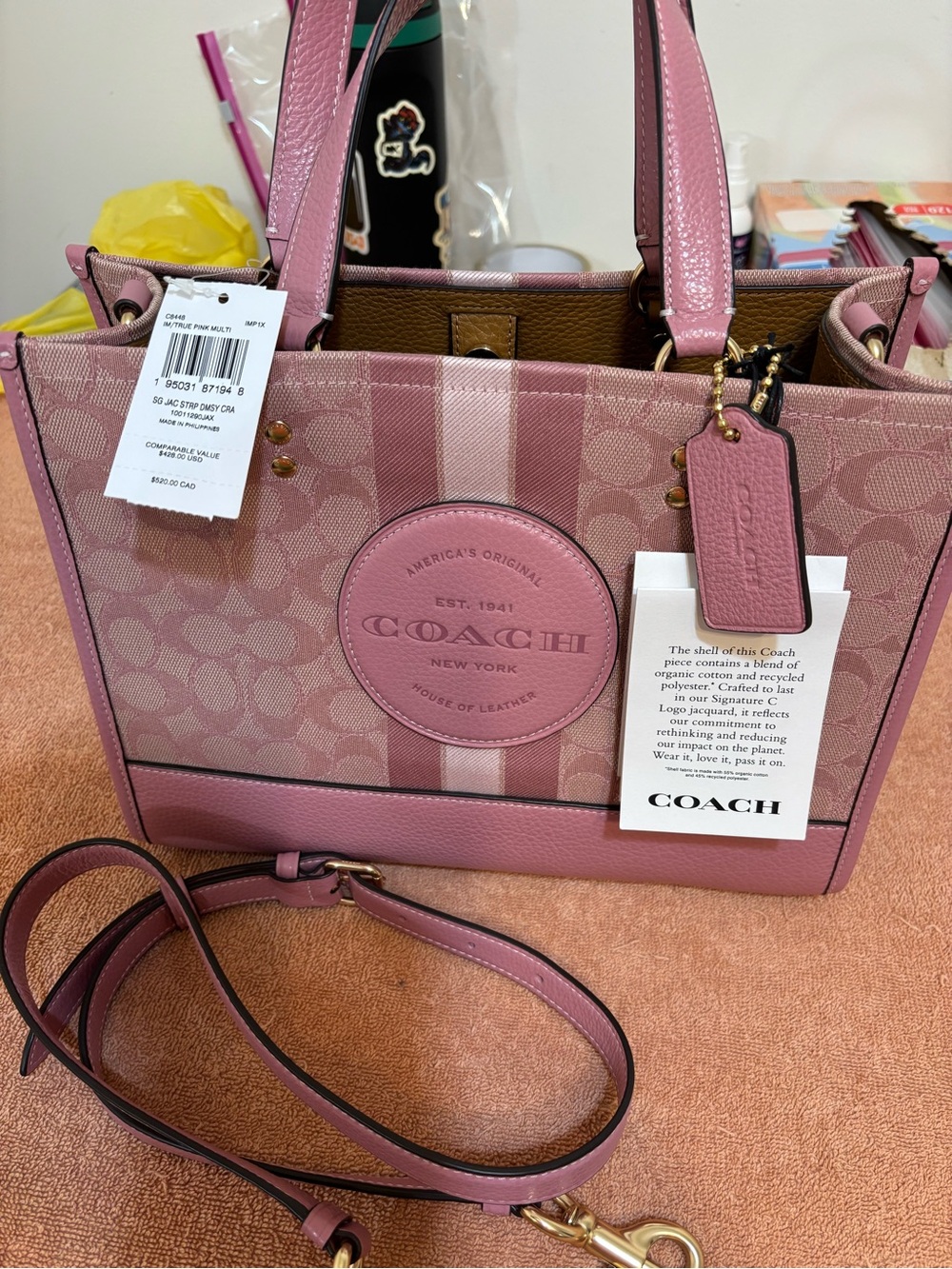 COACH Dempsy- Pink Signature Jacquard Satchel with Leather Trim